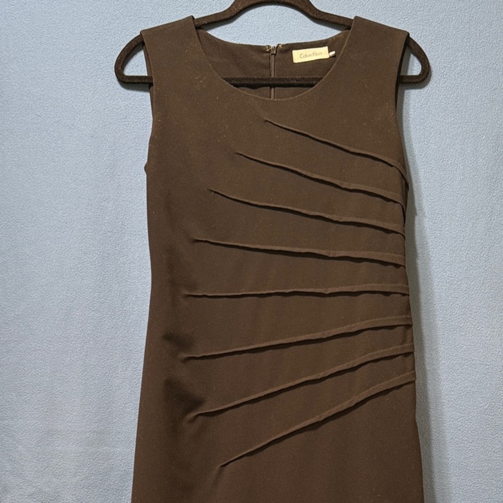 Calvin Klein Black Sleeveless Midi Sheath Dress with Pleat Detail Fully Lined